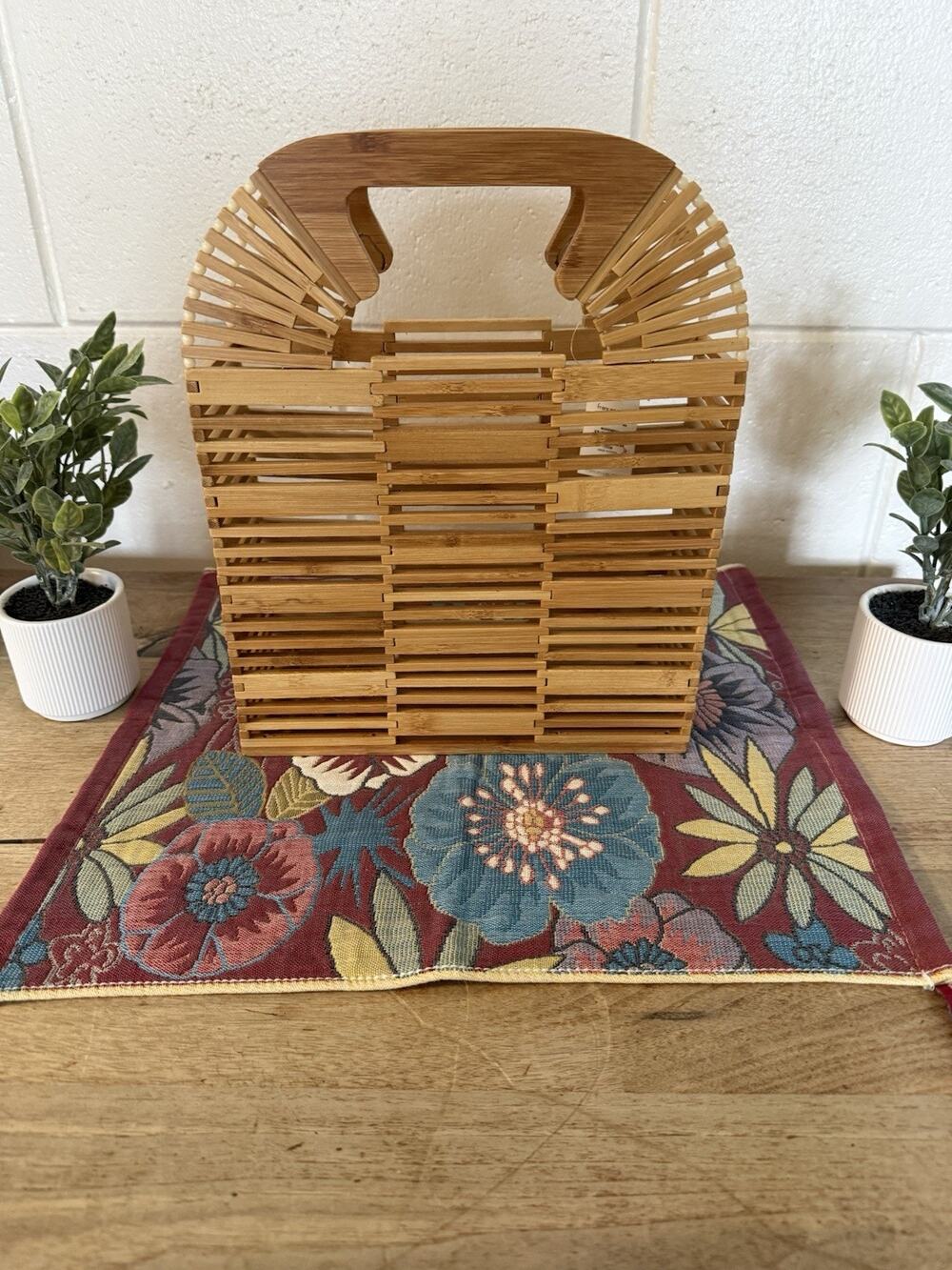 Large Bamboo Tote Natural Tone Wood Tote Rectangle Slots 12x10x4 NWT